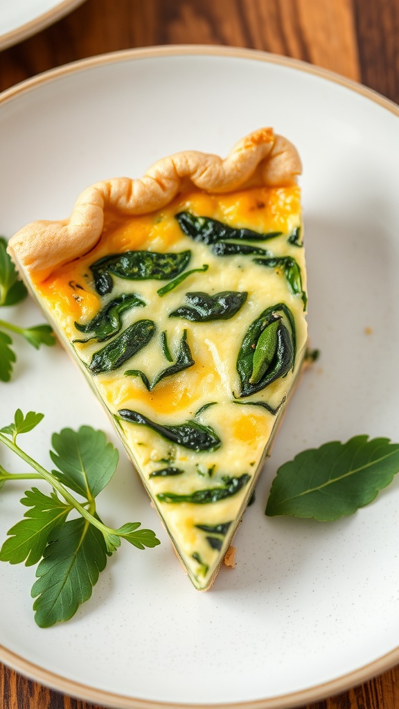 A slice of spinach quiche on a plate with parsley