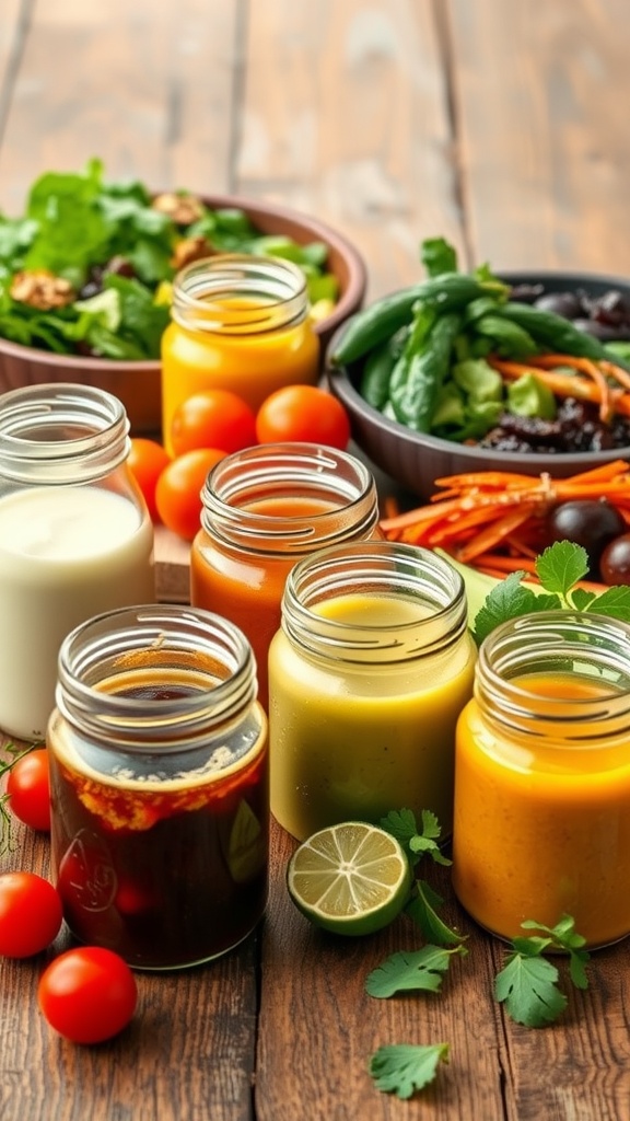 A variety of keto-friendly salad dressings in jars with fresh vegetables and salad ingredients in the background.