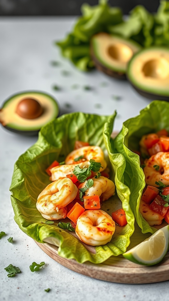 Two shrimp tacos made with lettuce wraps, filled with shrimp, diced tomatoes, and garnished with cilantro.