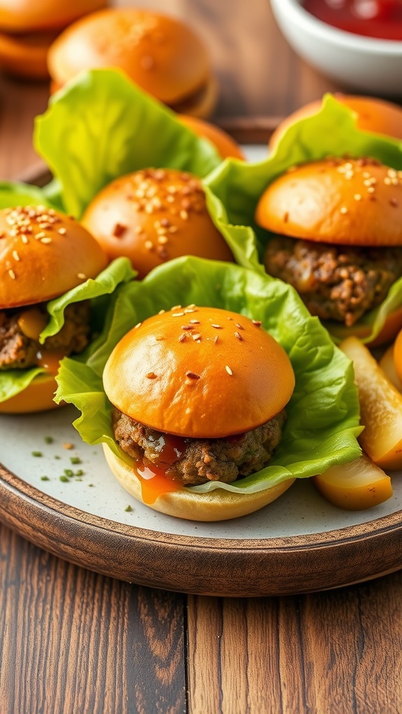 Two keto sliders wrapped in lettuce with colorful vegetables and a wooden table background.