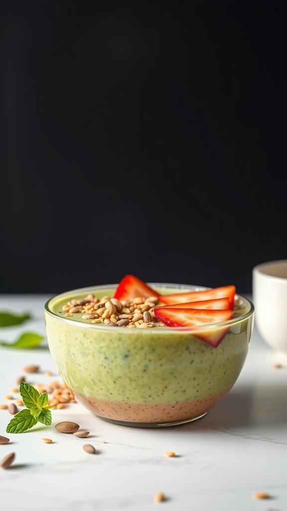 A colorful keto-friendly smoothie bowl with green and pink layers, topped with sliced strawberries and seeds.