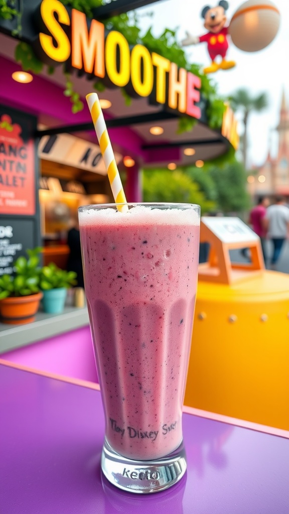 A colorful keto-friendly smoothie in a glass with a straw, set against a vibrant smoothie shop backdrop.