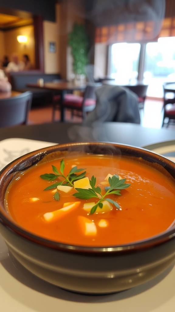 A bowl of keto-friendly soup with herbs on top