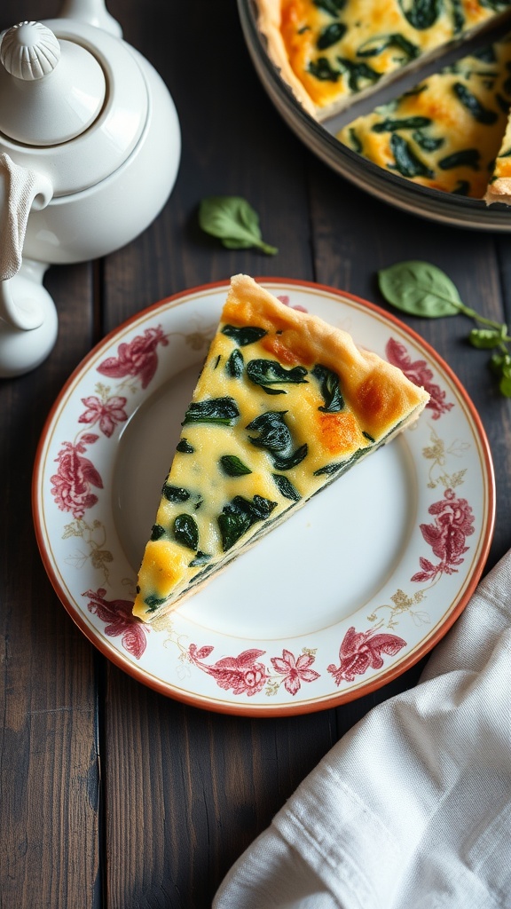 A slice of spinach and cheese quiche on a decorative plate, with a teapot in the background.