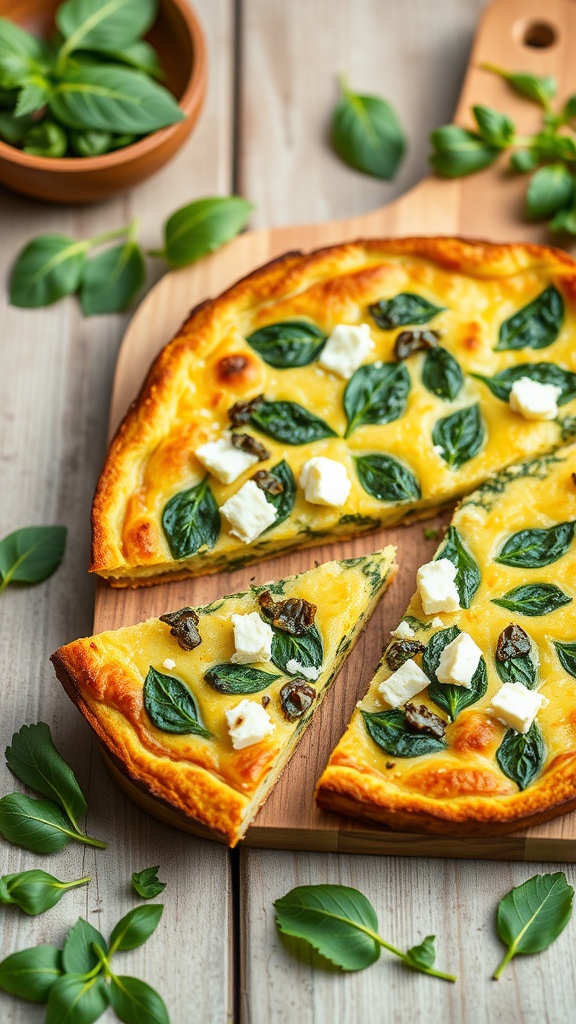 A delicious spinach and feta frittata with fresh basil leaves on a wooden cutting board.