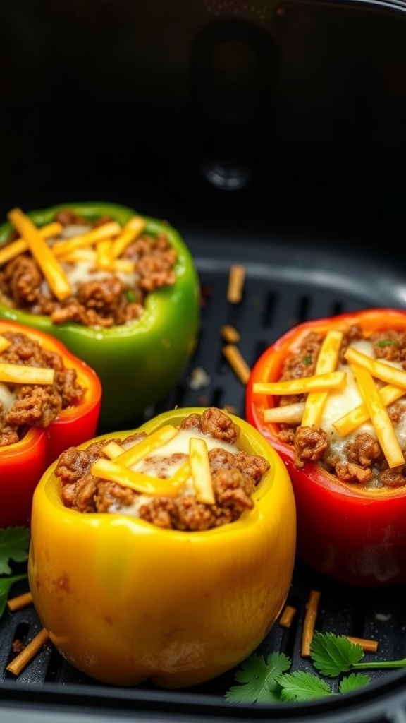 Four stuffed bell peppers in an air fryer, filled with ground meat and topped with cheese.