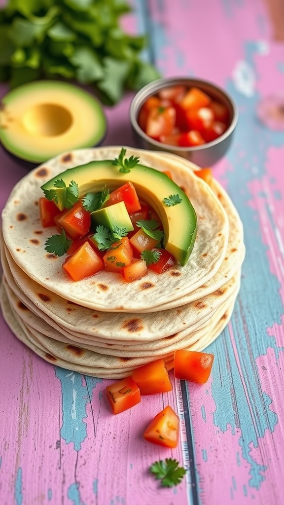 A stack of tortillas topped with diced tomatoes and avocado, with fresh cilantro, on a colorful wooden table.