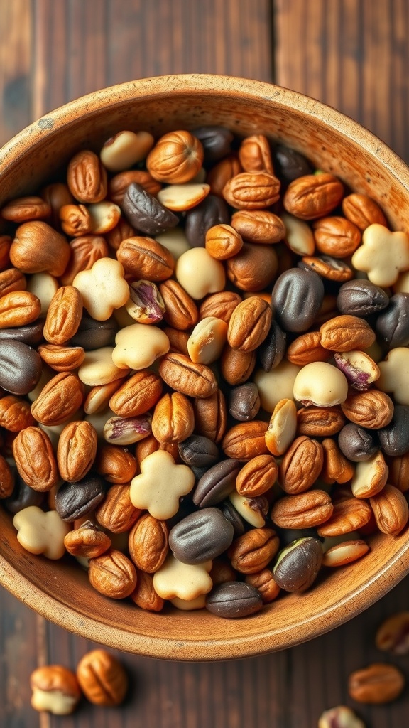 A wooden bowl filled with a variety of nuts and chocolate-covered snacks.