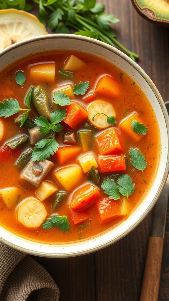 A bowl of keto-friendly vegetable soup filled with colorful vegetables and garnished with parsley.