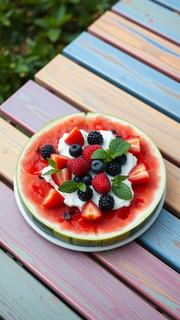 A vibrant watermelon pizza topped with berries and mint leaves, placed on a colorful wooden table.