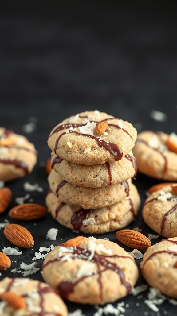 A stack of keto almond joy cookies drizzled with chocolate and topped with almonds, surrounded by loose almonds and coconut flakes.