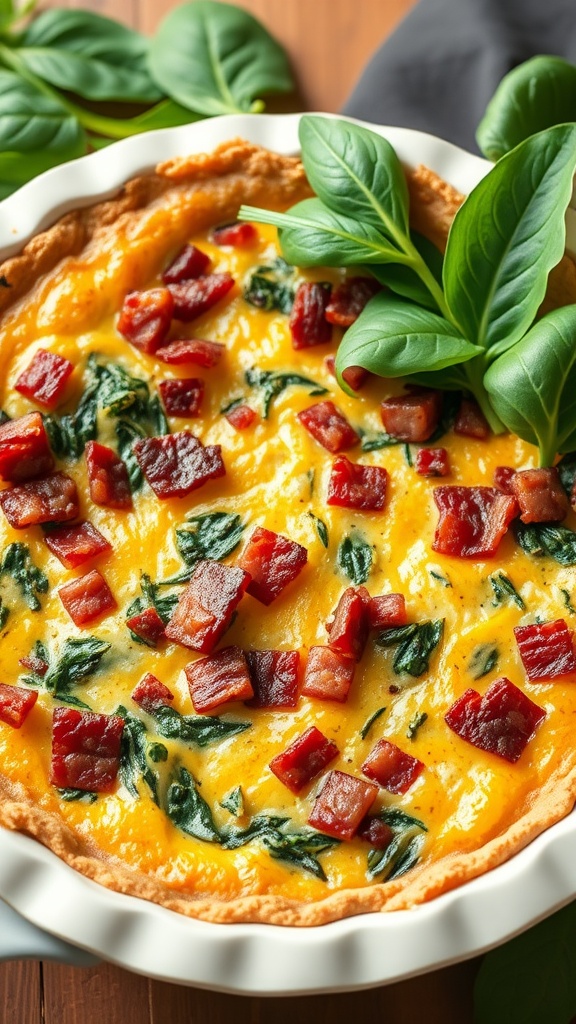 Delicious Keto Bacon and Spinach Quiche topped with fresh spinach leaves