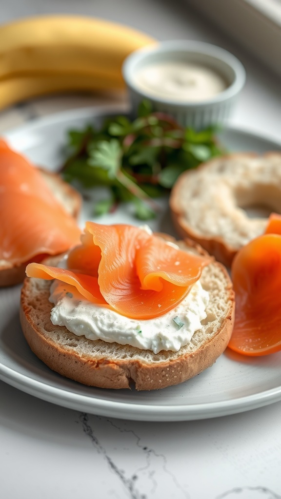 A plate with a keto bagel topped with cream cheese and smoked salmon, accompanied by parsley and a small bowl of sauce.