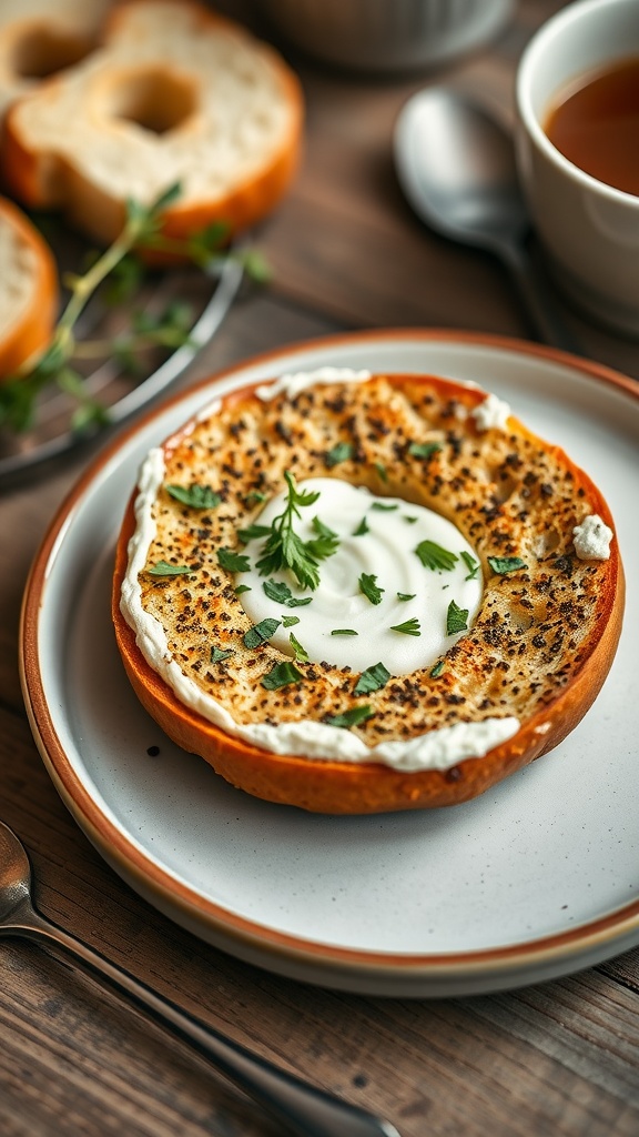 A delicious keto bagel topped with cream cheese and herbs.
