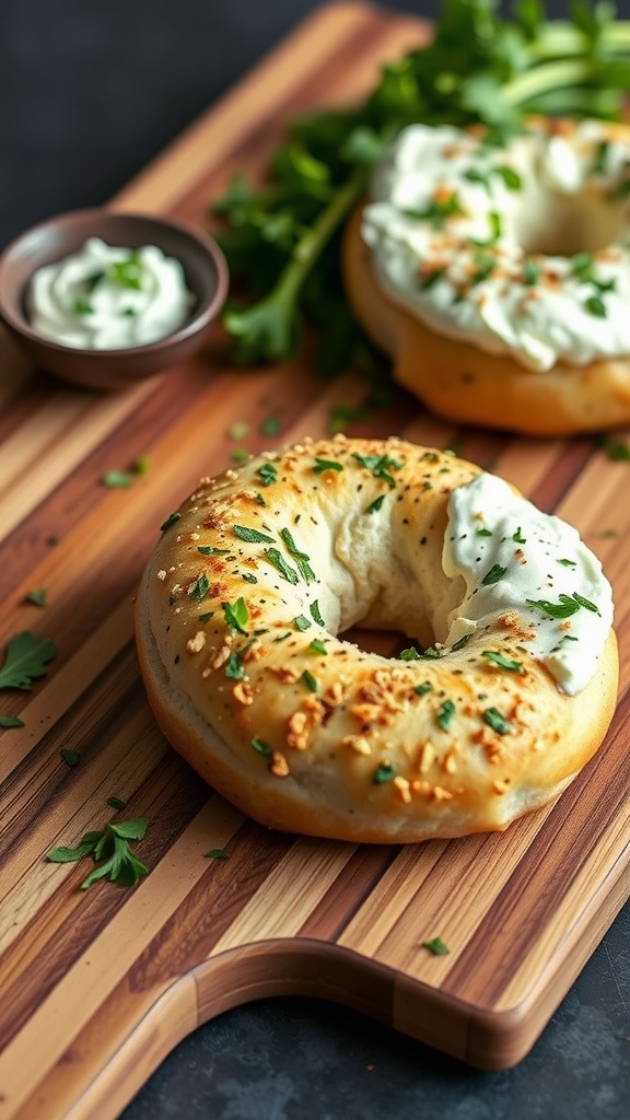 Keto bagels topped with cream cheese and herbs on a wooden board