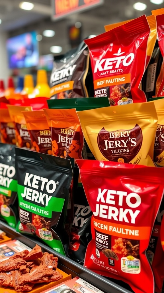 A display of various keto beef jerky packages in a sports stadium.