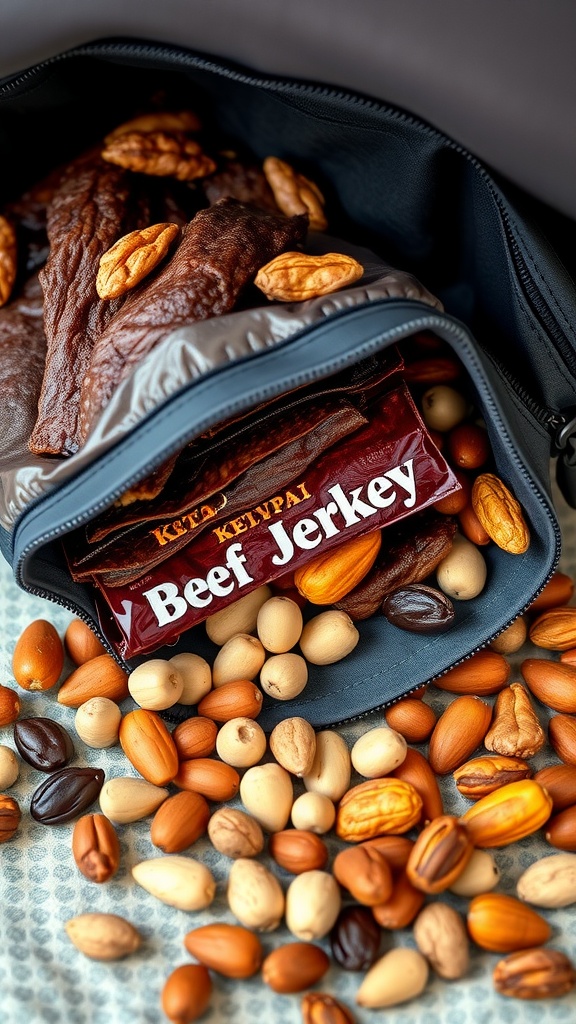 A pack of keto beef jerky and a mix of nuts inside a bag.