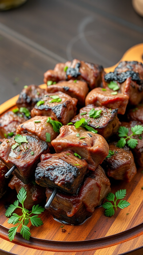 Close-up of grilled beef kebabs garnished with herbs on a wooden platter.