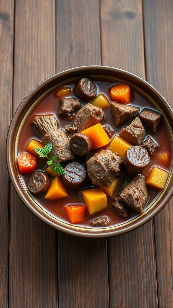 A bowl of rich beef stew with root vegetables, set on a wooden table.