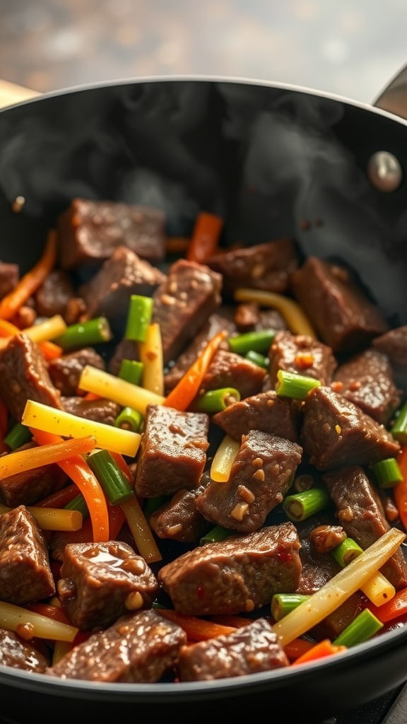 A close-up of a beef stir-fry with colorful vegetables in a pan