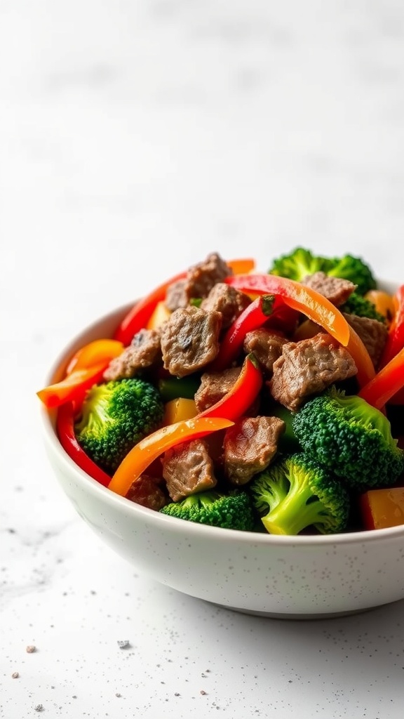 A delicious keto beef stir-fry with broccoli and bell peppers in a bowl.