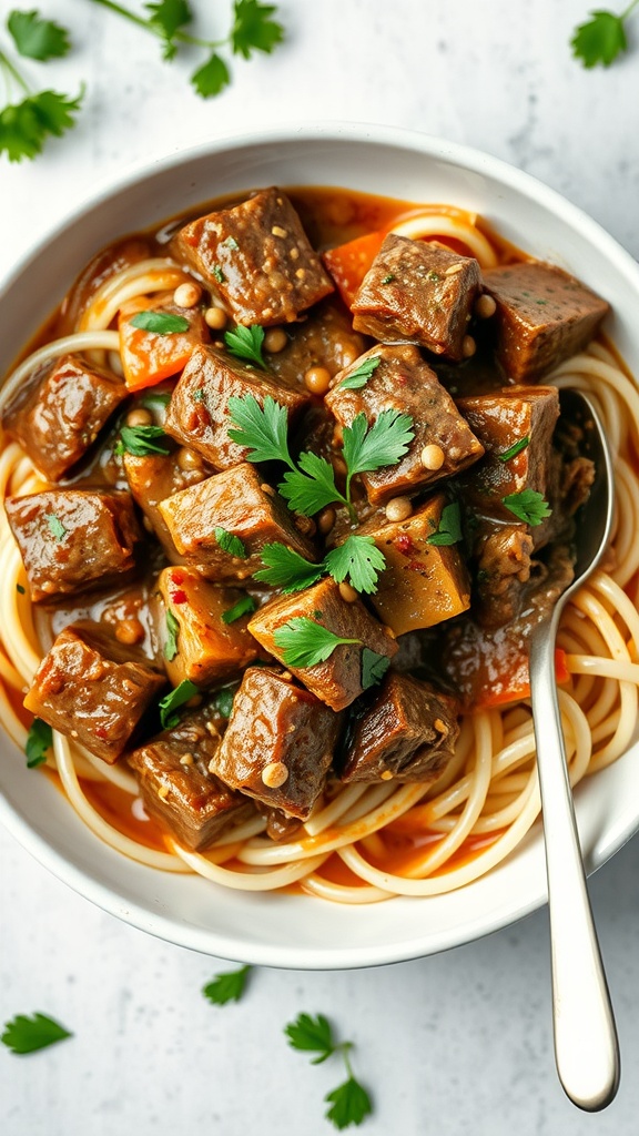 A bowl of keto beef stroganoff with chunks of beef, sauce, and garnished with parsley.