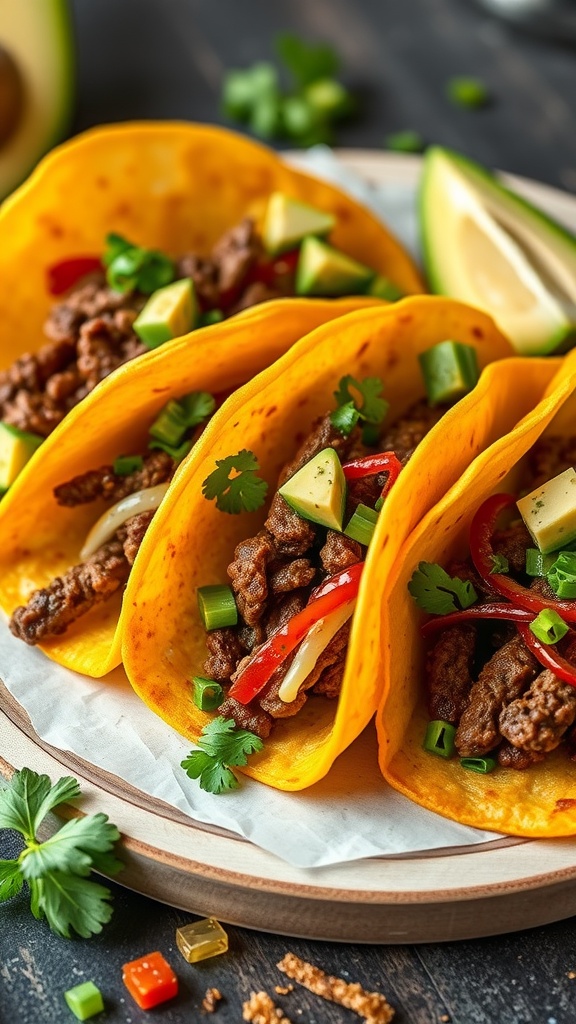 Keto beef tacos in cheese shells topped with avocado, cilantro, and lime