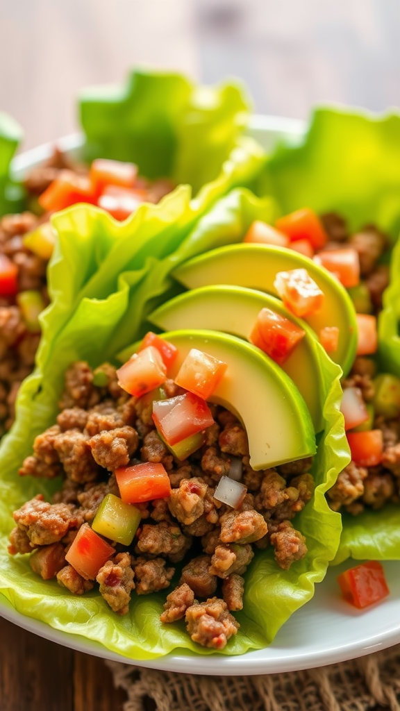 Keto beef tacos in lettuce wraps with tomatoes and avocado