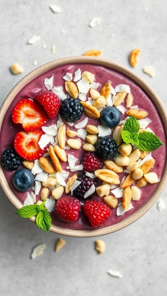 A vibrant keto berry smoothie bowl topped with strawberries, blueberries, blackberries, raspberries, nuts, and mint leaves.