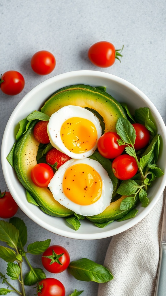 A keto breakfast bowl with avocado, eggs, cherry tomatoes, and fresh basil.