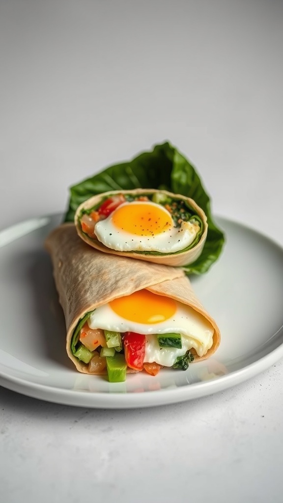 A keto breakfast burrito made with collard greens, filled with vegetables and a sunny-side-up egg.