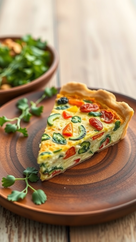 A slice of colorful Keto breakfast quiche with veggies on a wooden plate.