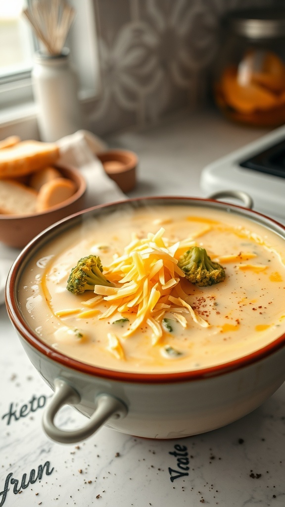 A bowl of creamy broccoli cheddar soup topped with cheese and broccoli florets, with bread and a clean kitchen counter in the background.