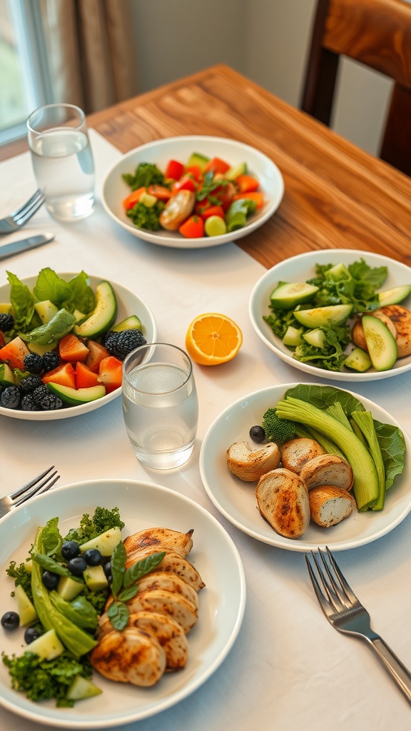 A table set with various keto-friendly meals including grilled chicken, fresh vegetables, and salads.