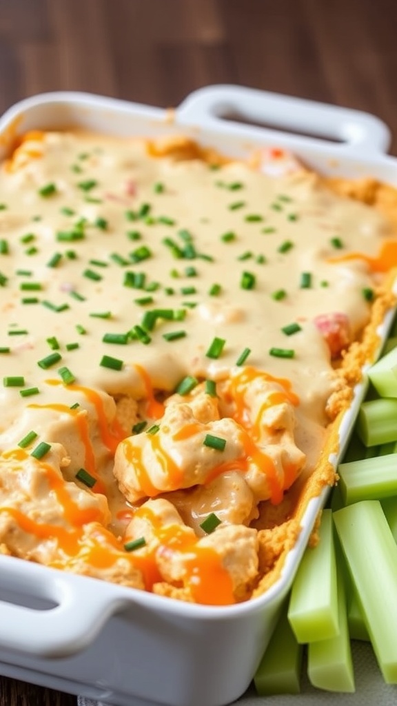 Keto Buffalo Chicken Dip served with celery sticks