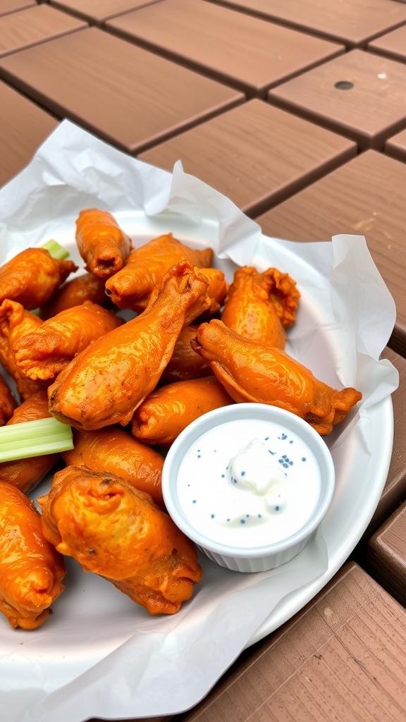 A plate of crispy Keto Buffalo wings with celery and a side of ranch dressing.