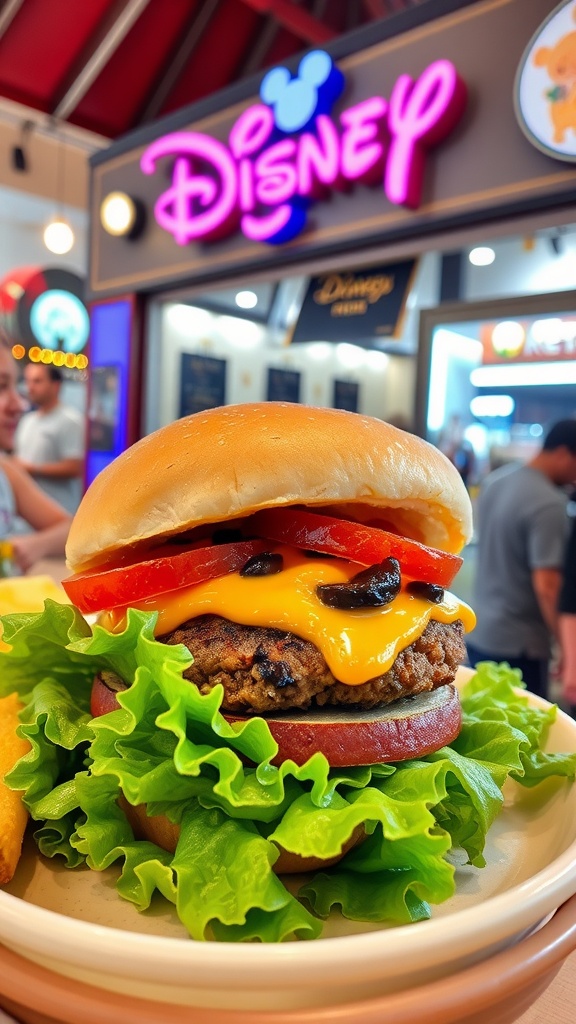 A delicious burger with lettuce wraps, cheese, tomatoes, and black olives, presented in front of a Disney sign.