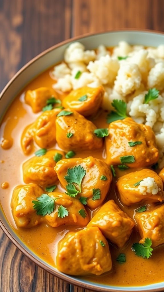 A plate of buttery chicken served with cauliflower rice and garnished with cilantro.