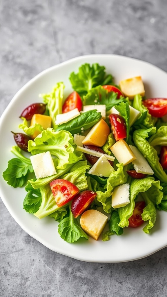 A plate of fresh salad with lettuce, cherry tomatoes, and cheese.