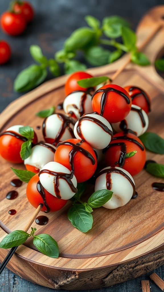 Keto Caprese Salad Skewers on a wooden board with cherry tomatoes, mozzarella, and basil