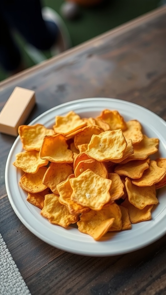 A plate of golden, crispy cheese snacks arranged neatly.