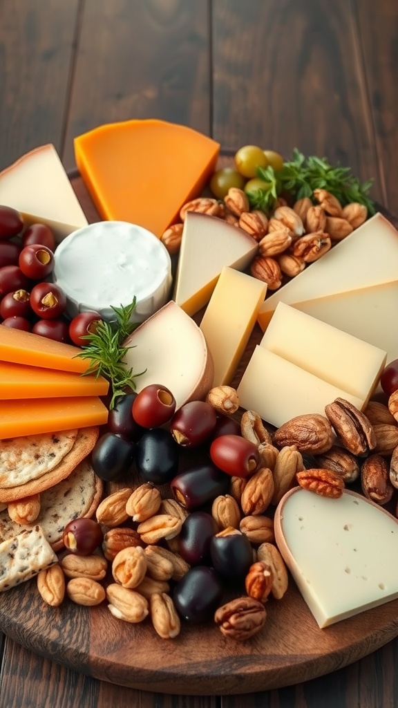 A colorful keto cheese platter featuring different types of cheese, nuts, olives, and crackers on a wooden board.