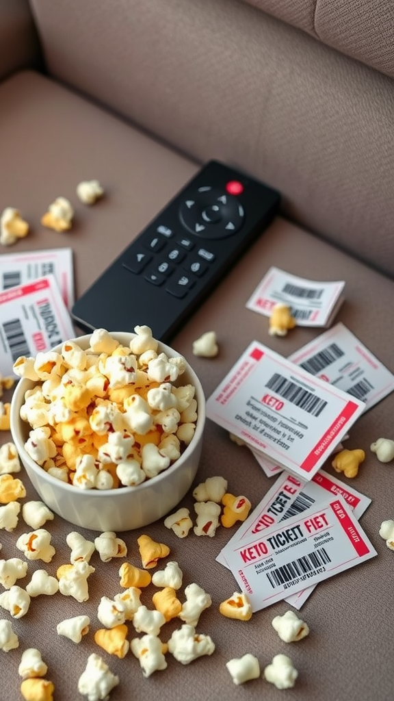 A bowl of popcorn surrounded by movie tickets and a remote, showcasing a cozy movie night setup.