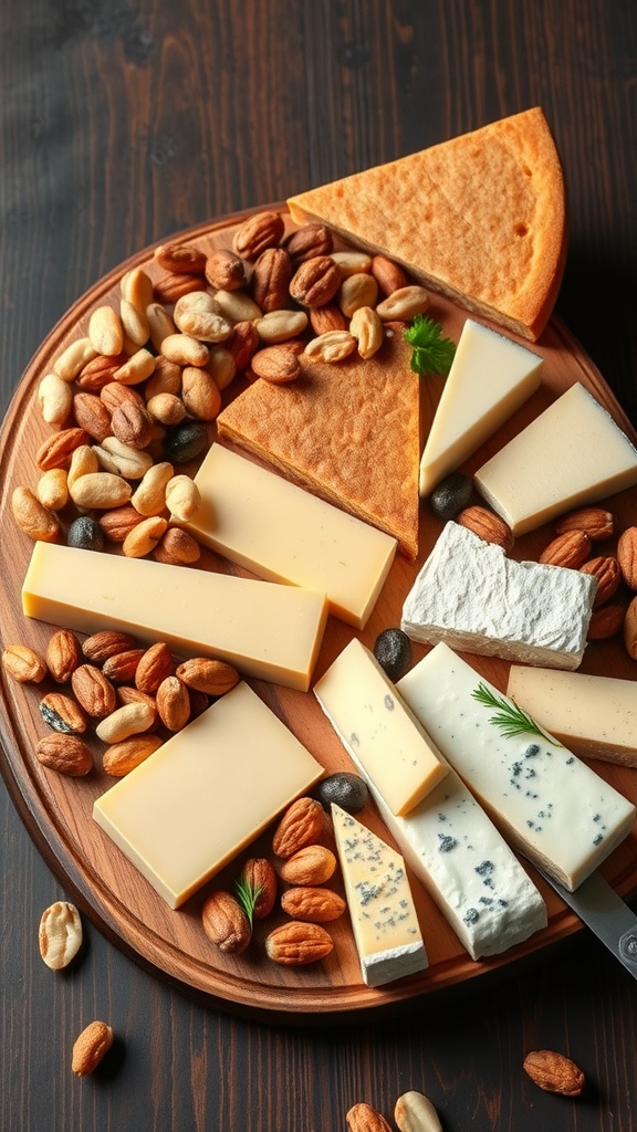 A platter of various cheeses and nuts, showcasing keto-friendly cheese selections.