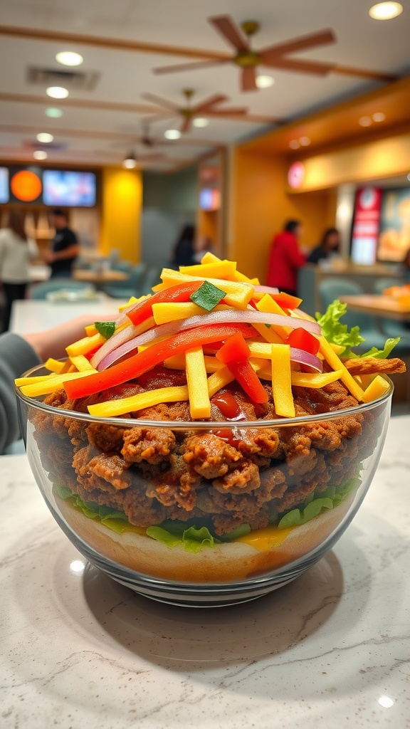 A colorful Keto Cheeseburger Bowl with ground beef, lettuce, cheese, and vegetables.