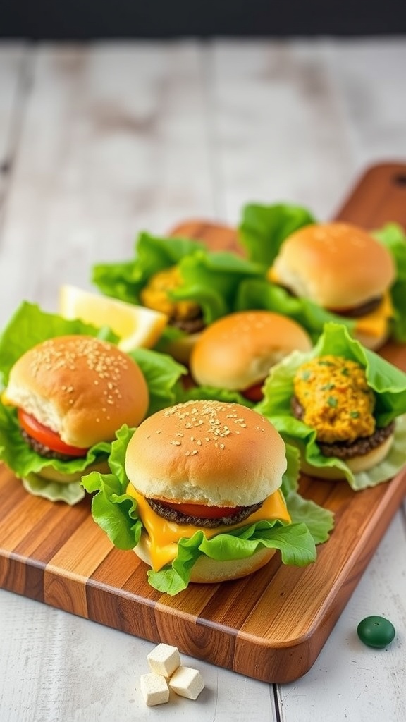 A wooden board with keto cheeseburger sliders wrapped in lettuce, featuring sesame seed buns and colorful toppings.