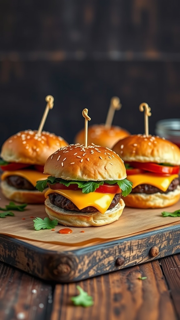 Keto cheeseburger sliders with cheese, lettuce, and tomato on a wooden platter.