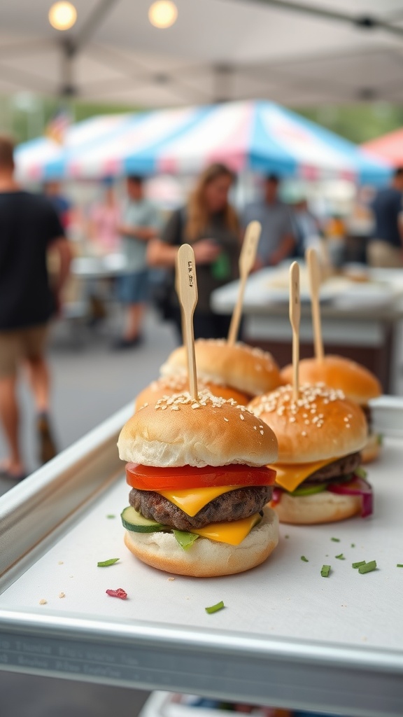 Keto cheeseburger sliders on a tray at a street festival.