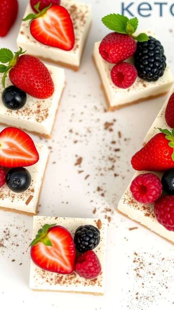 Delicious keto cheesecake bites topped with strawberries, raspberries, blueberries, and blackberries.