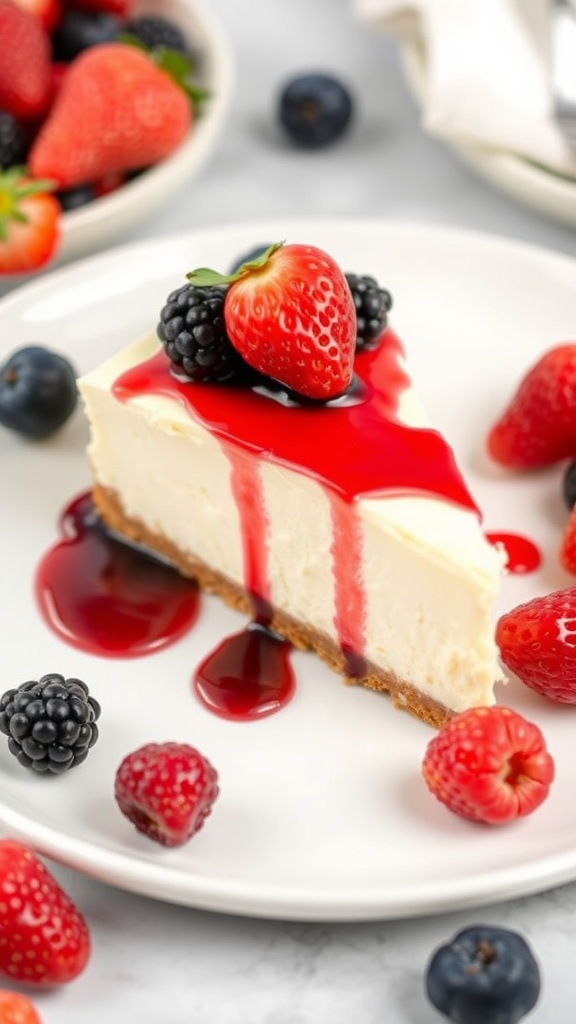 A slice of keto cheesecake topped with berry sauce and fresh berries.